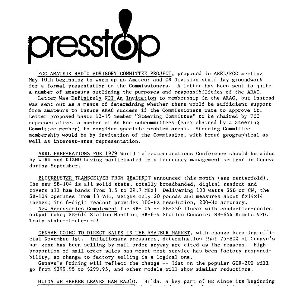 Figure 4 — Ham Radio's news column for November 1974, with the "blockbuster transceiver" item: all solid-state, totally broadbanded, digital readout, 100 watts, 13 V DC, 20 pounds, and a readout with "100-Hz …