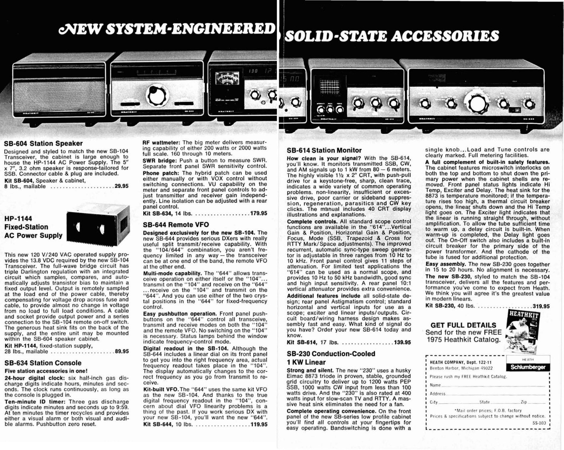 Figure 5 — The two middle pages of the launch spread: the SB-604 speaker with the HP-1144 supply that hides inside it, the SB-634 console, the SB-644 remote VFO, the SB-614 monitor and the SB-230 linear, all …