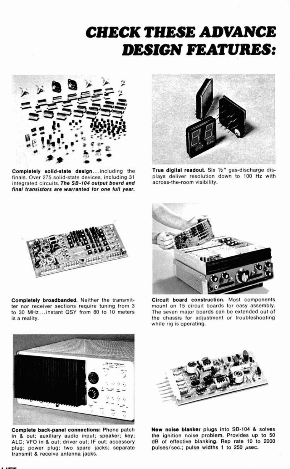 Figure 2 — "Check these advance design features": the last page of Heath's launch spread, with photographs of the loose semiconductor complement ("over 275 solid-state devices, including 31 integrated circuit…