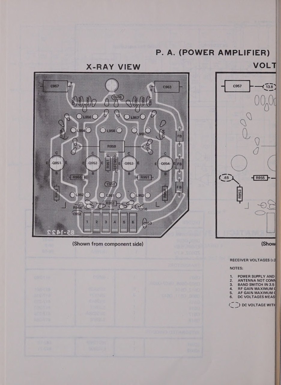 Figure 5 — The power-amplifier board H as the Operation manual's "X-ray view" shows it: the four transistor positions Q951–Q954 at the centre, the input and output transformers either side, and the balancing …