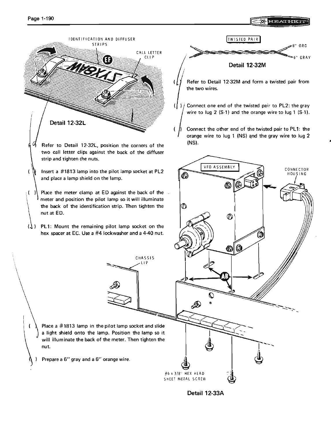 Figure 10 — Fitting the identification and diffuser strips: the call-letter strip clips behind the panel window beside the display, and pilot lamp PL2 lights it. The detail also shows the VFO assembly and its …
