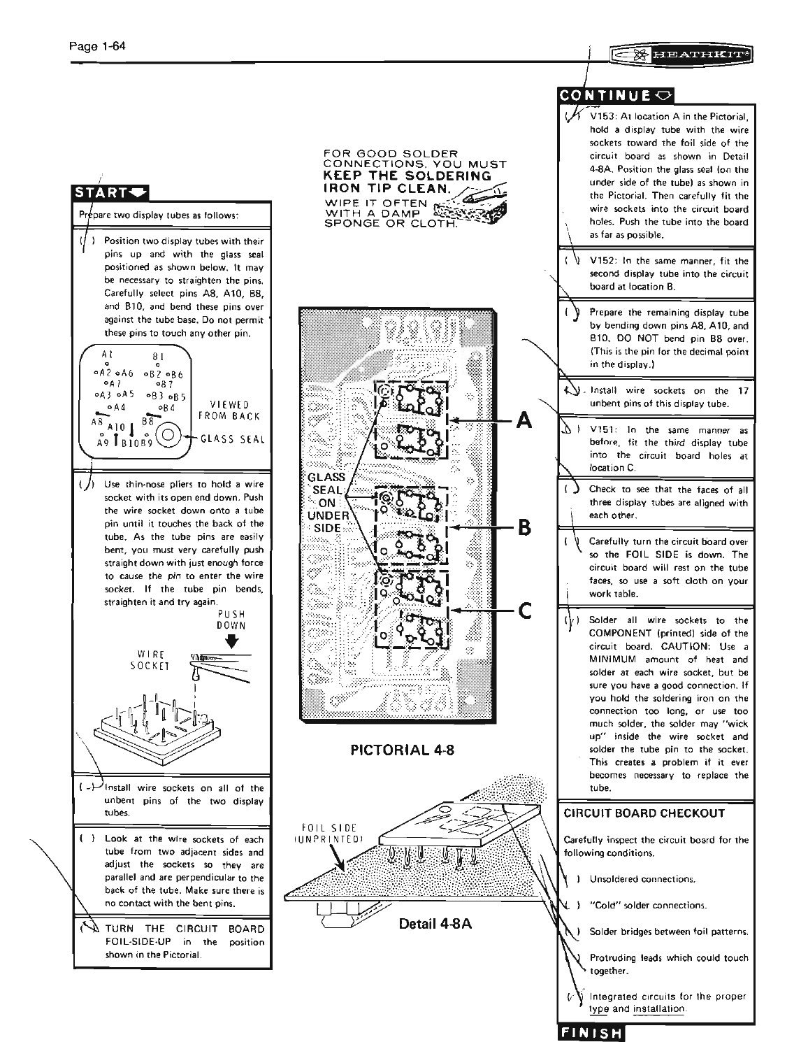 Figure 5 — Building the display: each gas-discharge tube is set into sockets soldered to the board and aligned with the others at positions A, B and C. The margin reminder, "for good solder connections you mu…