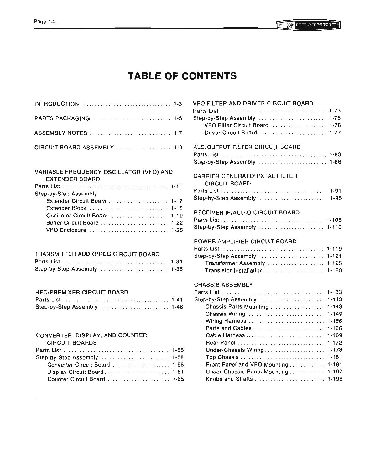 Figure 2 — The SB-104A Assembly manual's table of contents: nine board sections, then the chassis. Neither the transmitter IF board C nor the receiver front-end board G has a section, because in the SB-104A b…