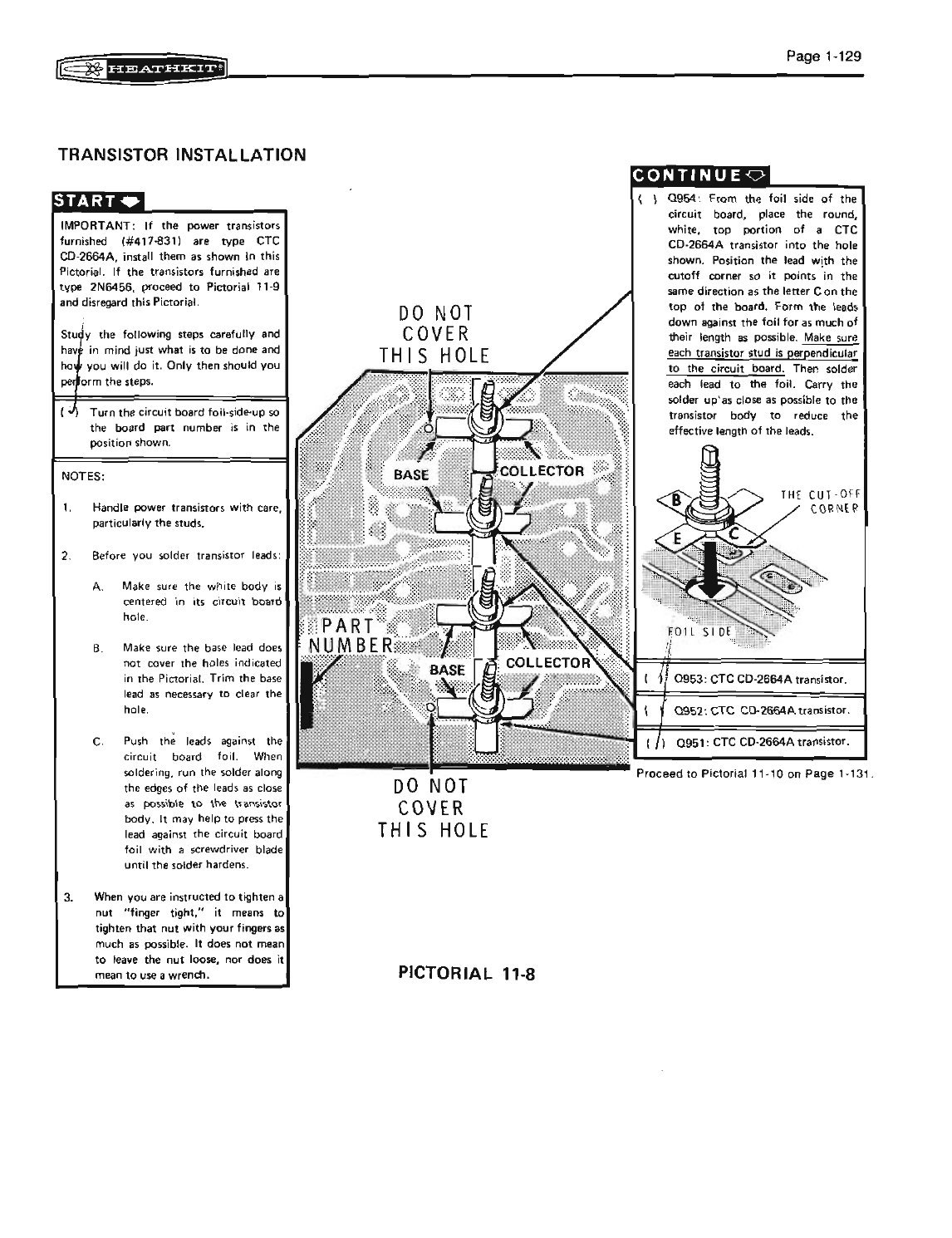 Figure 7 — "Transistor Installation": the SB-104A Assembly manual's page for the four final transistors, CTC CD-2664A at Q951–Q954, with the positions of the holes that must not be covered, the part-number or…