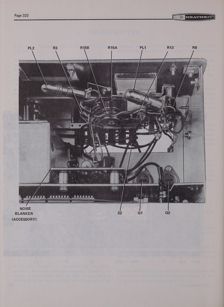 Figure 5 — Under the chassis of the SB-104, from the Operation manual's chassis photographs: the noise-blanker board (an accessory) at lower left, the pilot lamps PL1 and PL2, the regulator pass transistors Q…
