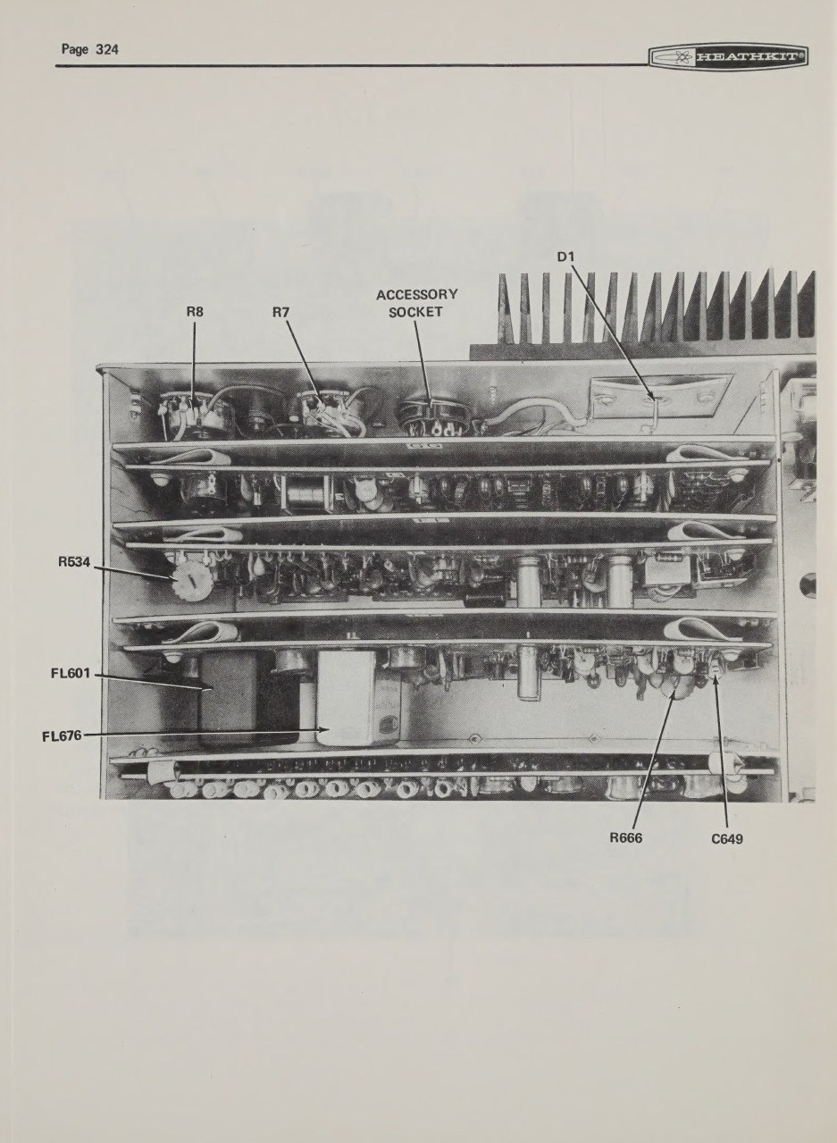 Figure 2 — The receiver side of the chassis in the Operation manual's photographs: the accessory socket and heat sink at the top, the board compartments below, the S-meter control R534, the crystal filters FL…