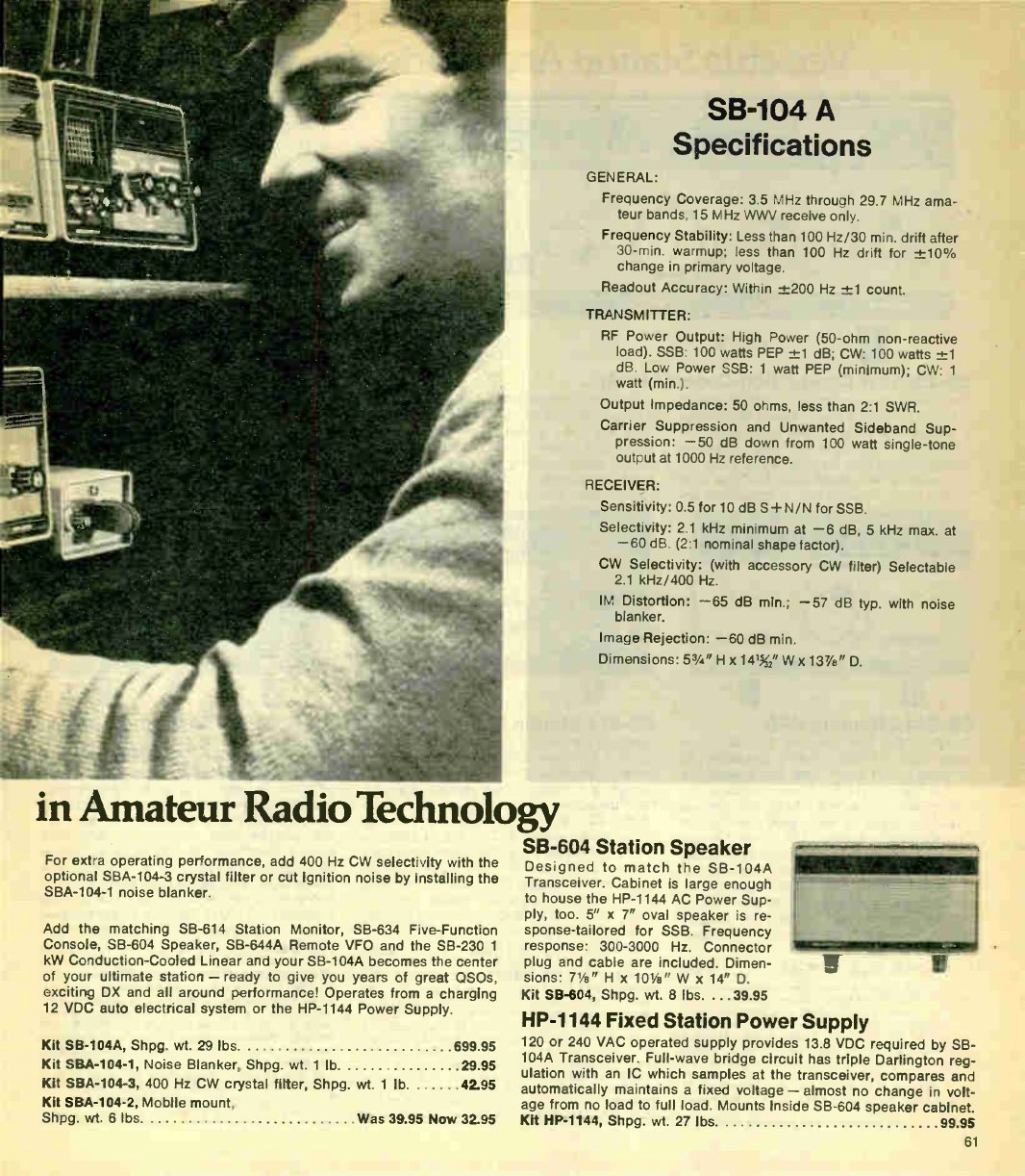 Figure 3 — The second page of the Winter 1978 SB-104A spread, with the SB-104A specifications, the SB-604 speaker and the HP-1144 supply, and the prices of the noise blanker, mobile mount and CW filter.