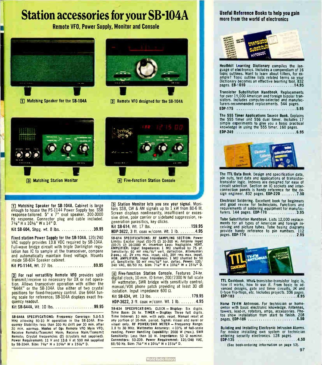 Figure 5 — "Station accessories for your SB-104A", catalogue No. 848 (1980): the speaker and PS-1144 supply, SB-644A, SB-614 and SB-634 with specifications.