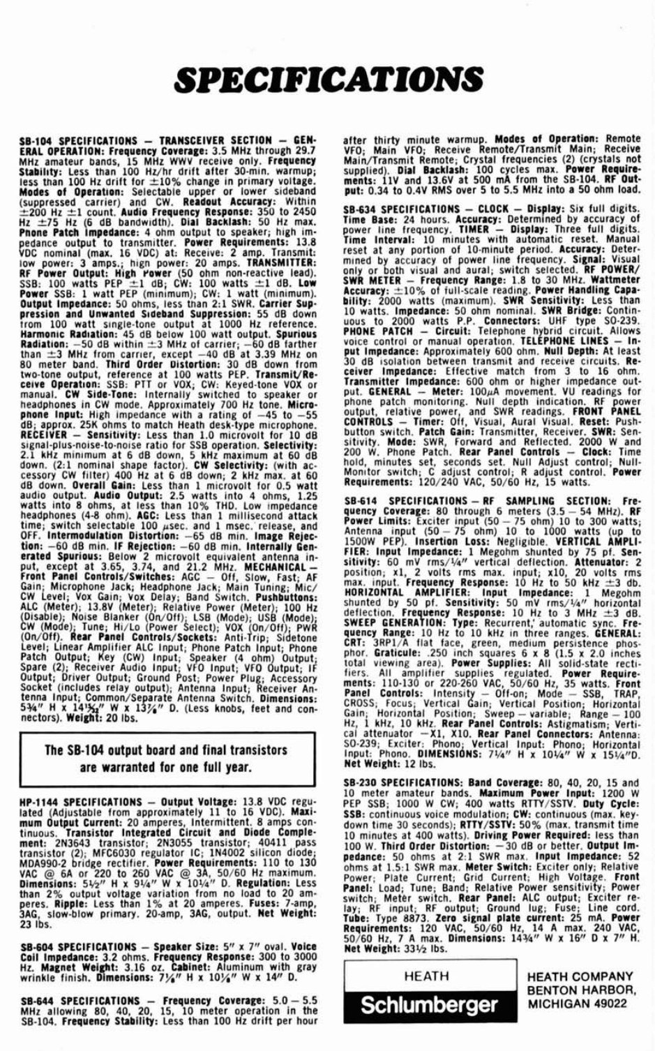 Figure 1 — The launch specifications for the whole station, as Heath printed them in November 1974: SB-104, HP-1144, SB-604, SB-644, SB-634, SB-614 and SB-230. The boxed line in the middle reads "The SB-104 o…