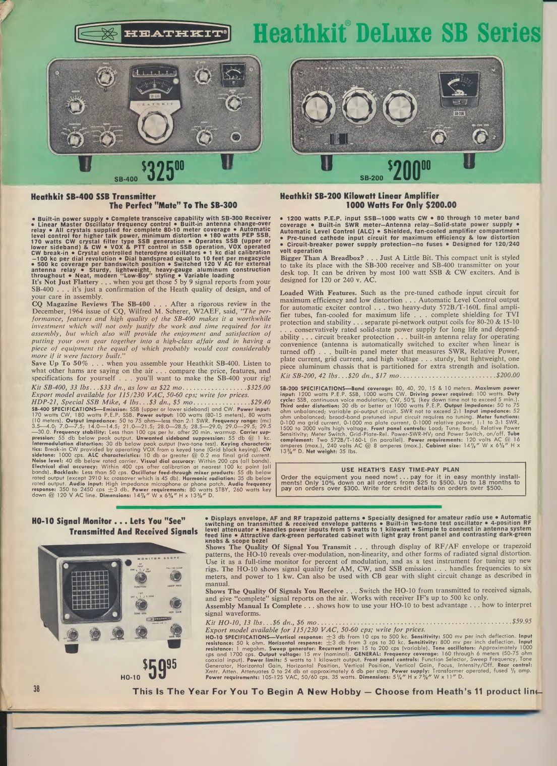 Figure 5 — The facing page: the SB-400 at $325, "The Perfect 'Mate' to the SB-300", with a quotation from W2AEF's December 1964 CQ review. Note "All crystals supplied for complete 80-10 meter coverage", which…