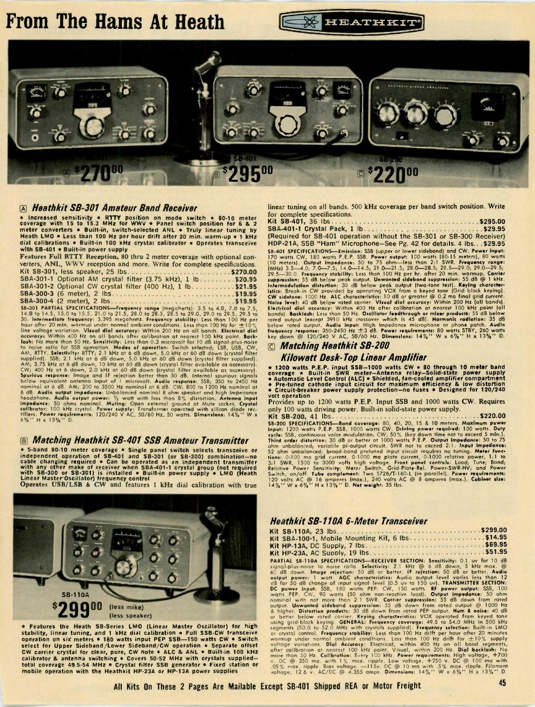 Figure 11 — The complete station in the Winter 1970 catalogue: SB-301 at $270, SB-401 at $295, SB-200 linear at $220. The HDP-21A microphone stands between them. The SB-110A six-metre transceiver on the same p…