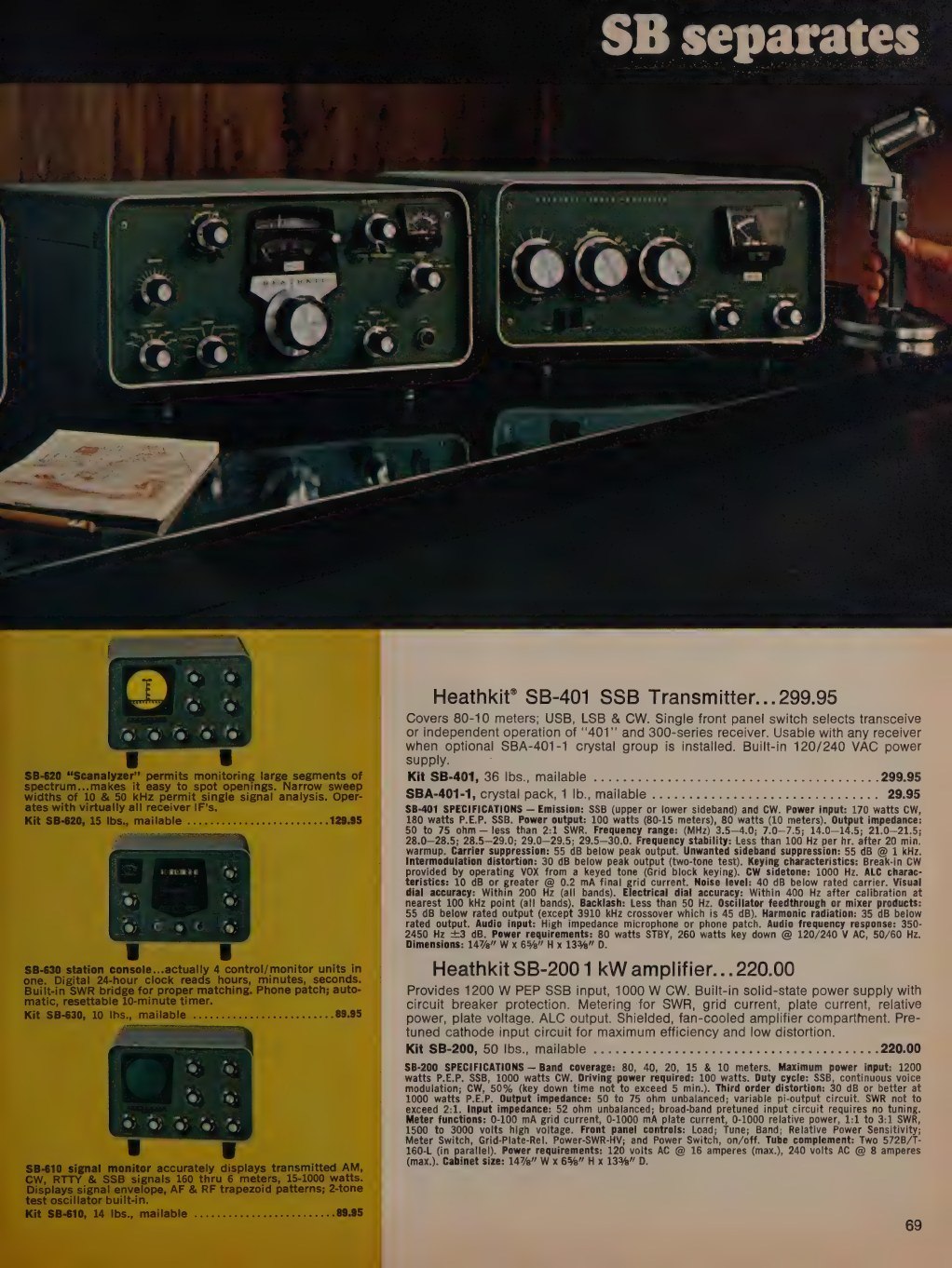 Figure 13 — "SB separates" in catalogue 810/72: the SB-401 at $299.95 beside the SB-200 linear, in one of Heath's more atmospheric colour photographs. The copy now says the transmitter works with a "300-series…
