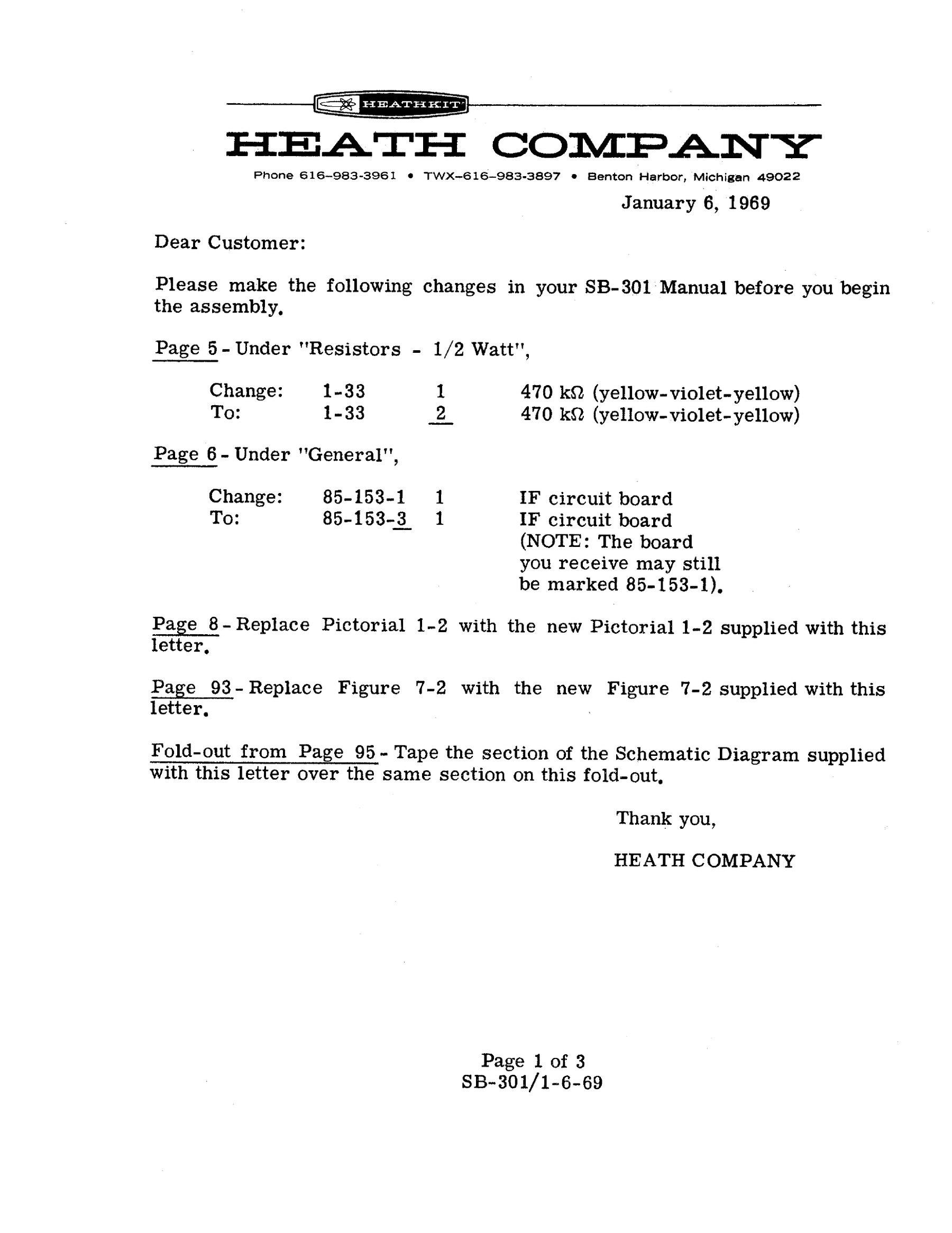 Figure 5 — Heath's change letter of 6 January 1969 (reference SB-301/1-6-69), "Please make the following changes in your SB-301 Manual before you begin the assembly", with a revised pictorial, X-ray view and …