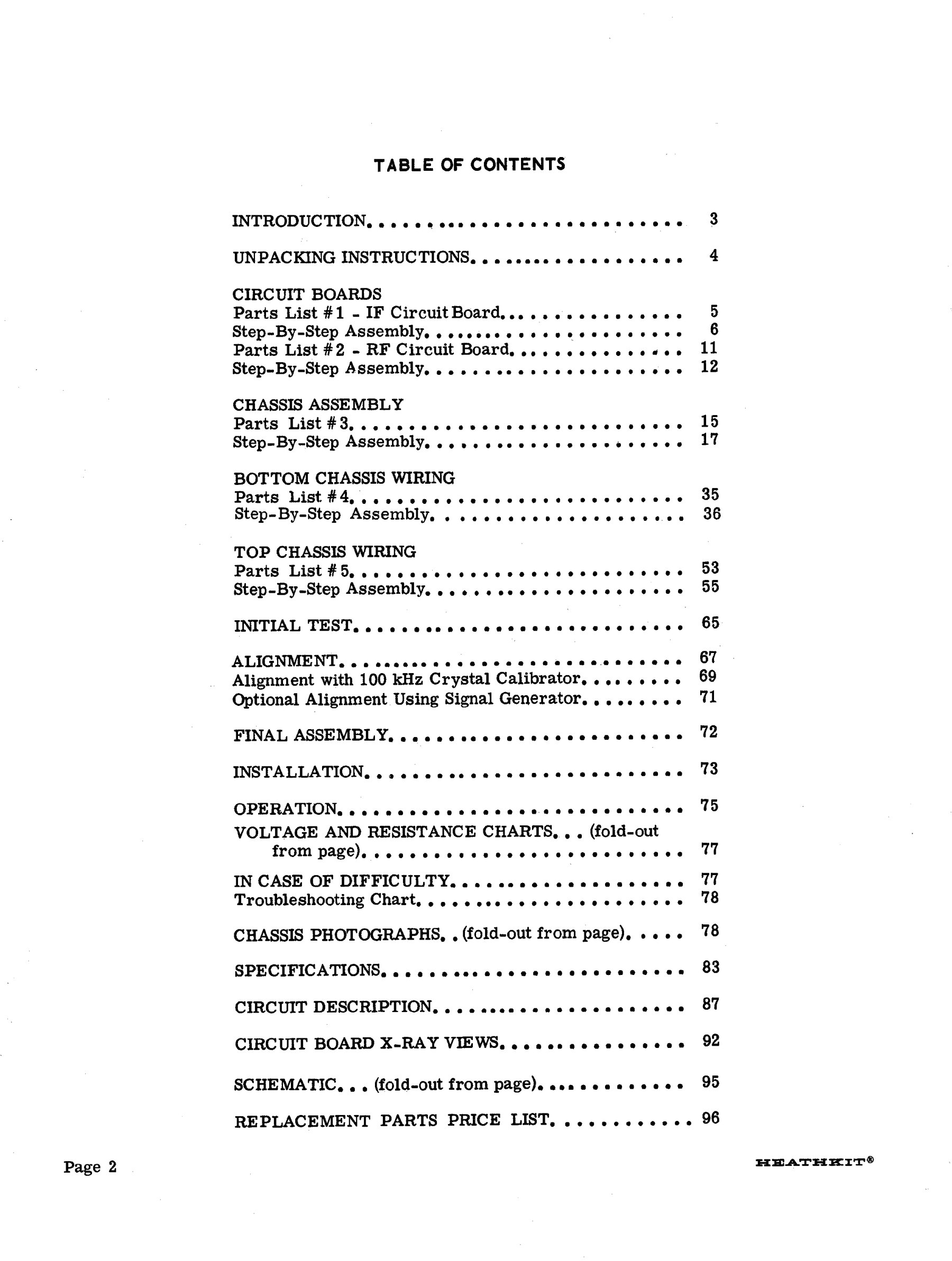 Figure 2 — The table of contents, which is also the build plan: two circuit boards, chassis assembly, bottom and top wiring, each with its own parts list, then the initial test, alignment and the reference se…