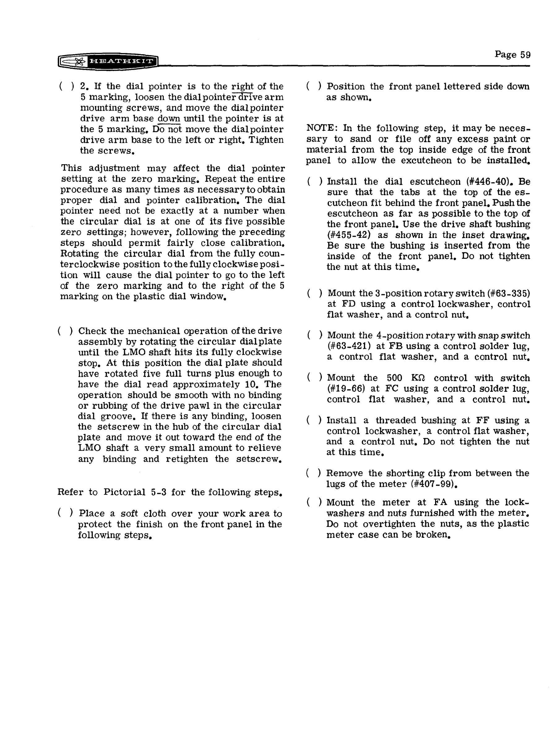 Figure 8 — The dial calibration and mounting steps (p. 59): setting the pointer against the 0 and 5 marks, checking the five-turn travel, and the first front-panel parts, the dial escutcheon and the drive-sha…
