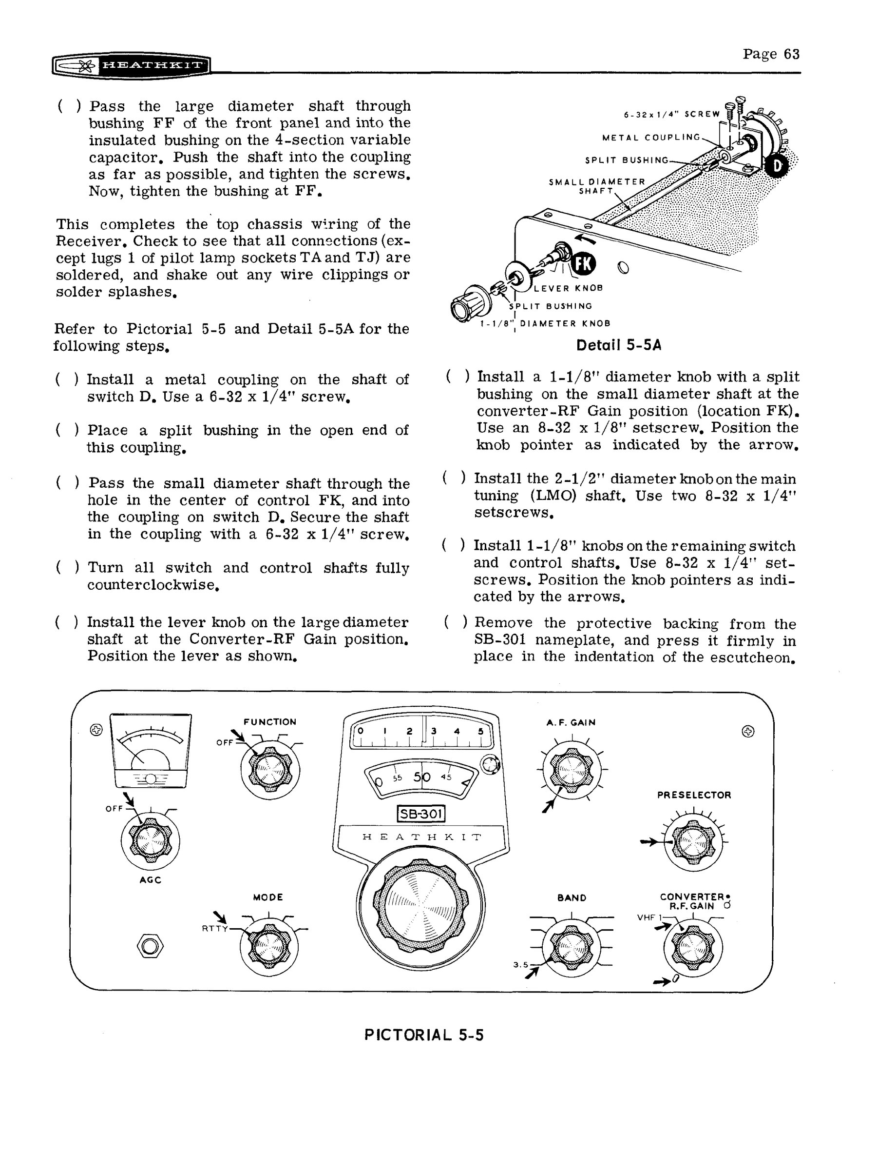 Figure 9 — Pictorial 5-5: the front panel ready to mount, with the concentric converter switch and RF GAIN control, the knobs, and the escutcheon. The panel photograph shows the finished layout.
