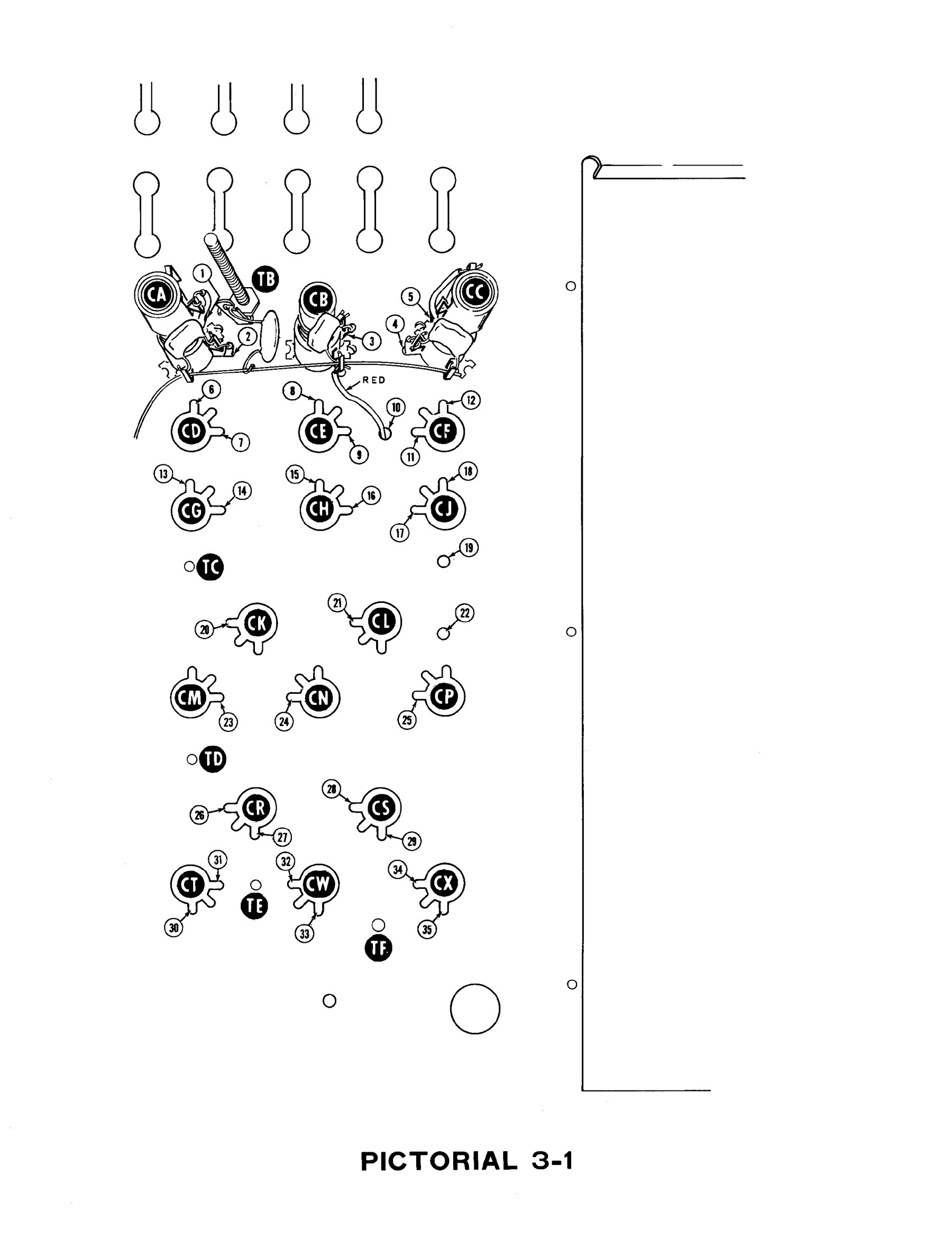 Figure 6 — Pictorial 3-1: the coil forms, lugs and sockets going onto the chassis top in the first chassis-assembly steps. The rows of coil positions are the antenna, RF and heterodyne-oscillator coils that t…