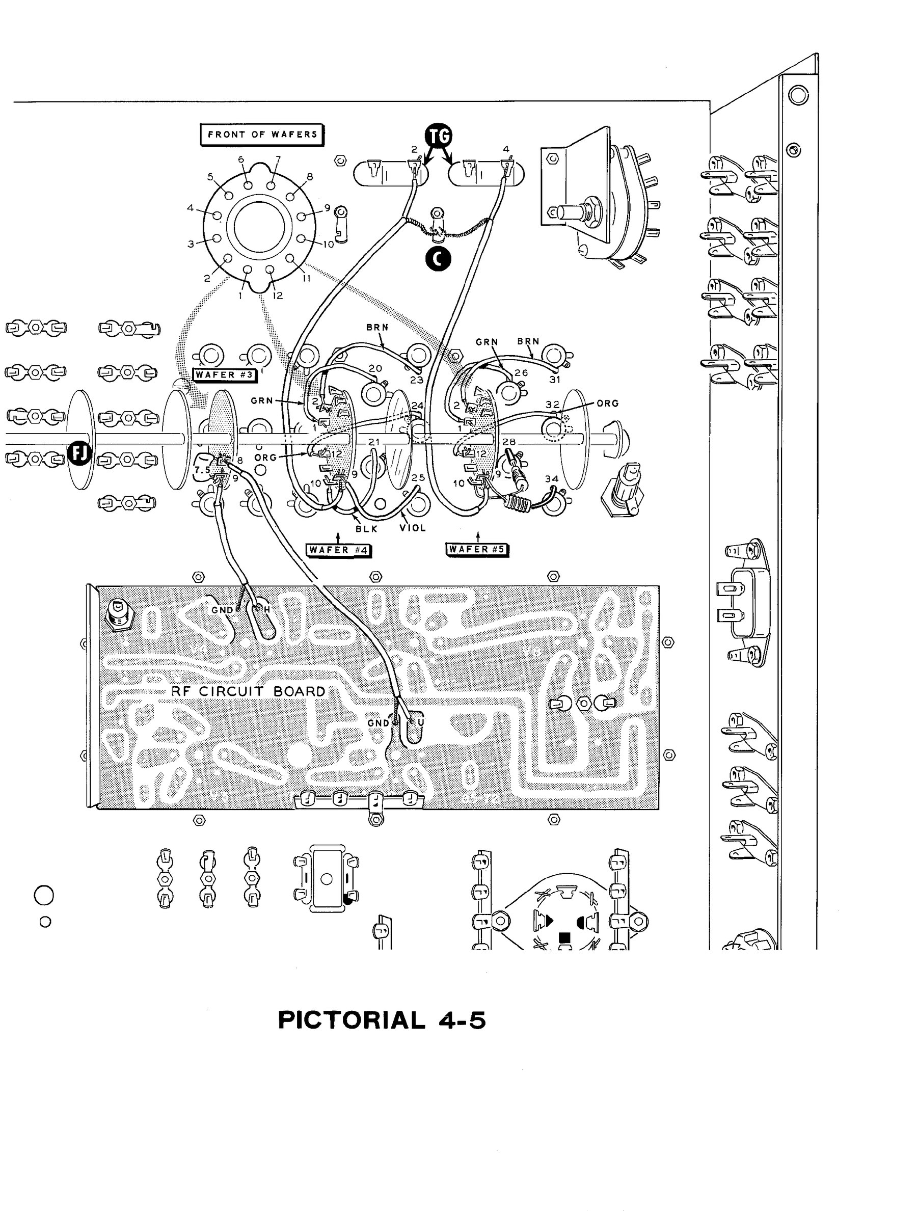Figure 7 — Pictorial 4-5, part of the bottom chassis wiring, with the RF circuit board in place at lower left and the band-switch wafers being wired.
