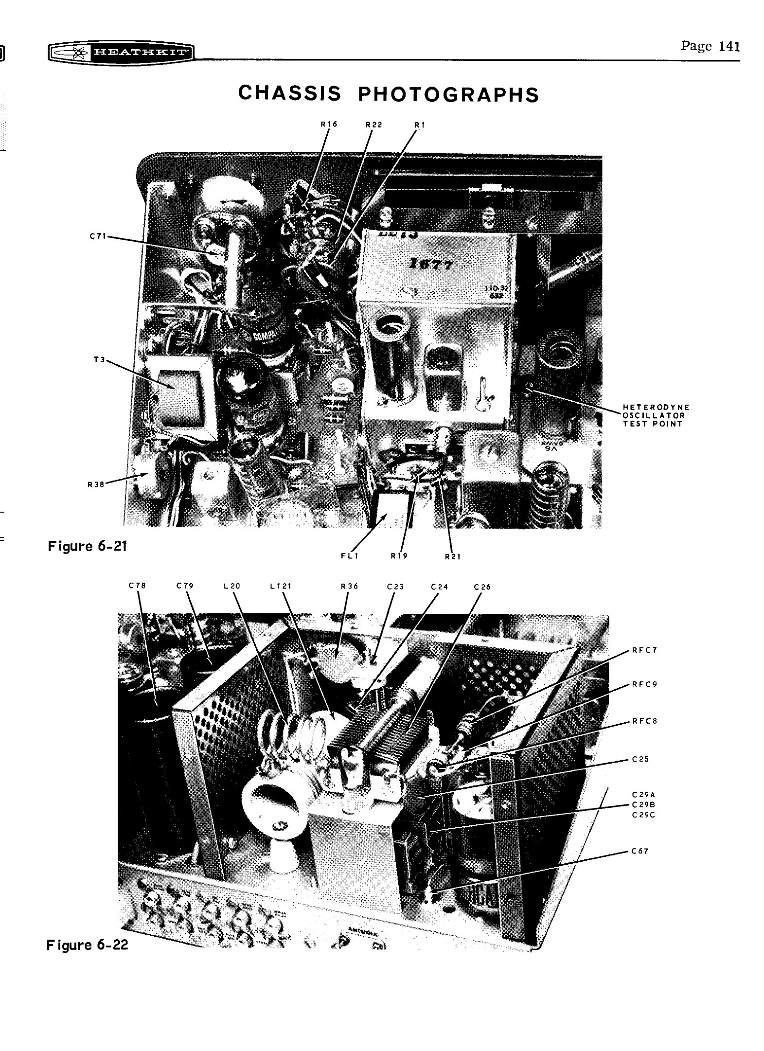 Figure 11 — The first page of the SB-401 manual's chassis photographs: the top of the chassis with the final-amplifier cage in place, the power transformer and filter capacitors behind it, and the underside of…