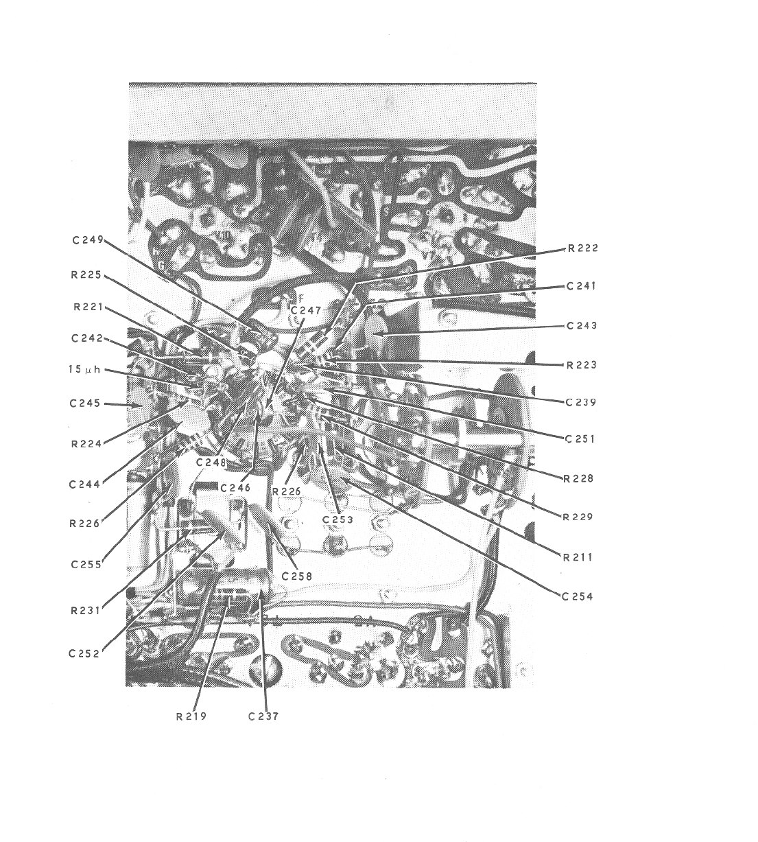 Figure 7 — A page of the SB-301 manual's chassis photographs: the power-supply and audio area underneath, with every capacitor and resistor numbered. The four-section filter can, C233, and the rectifier diode…