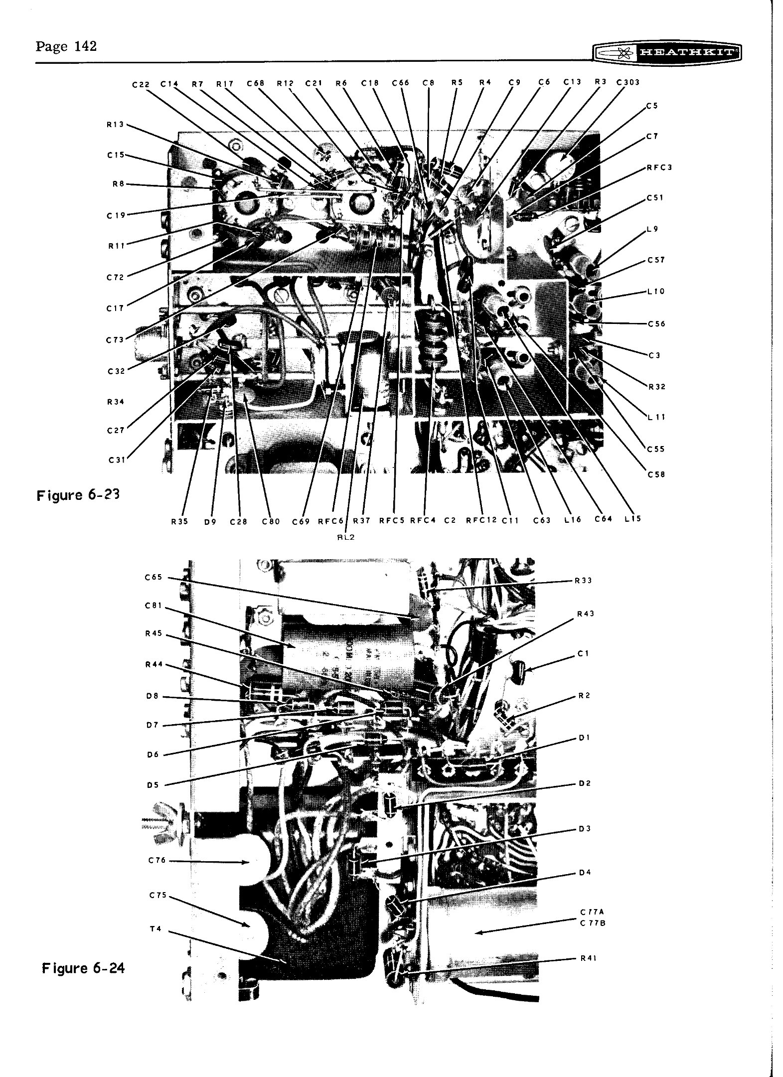 Figure 4 — The SB-401 manual's photographs of the chassis underside, with the band switch, the carrier-generator shield and the terminal strips labelled by part number. They are essential when fitting a bulle…