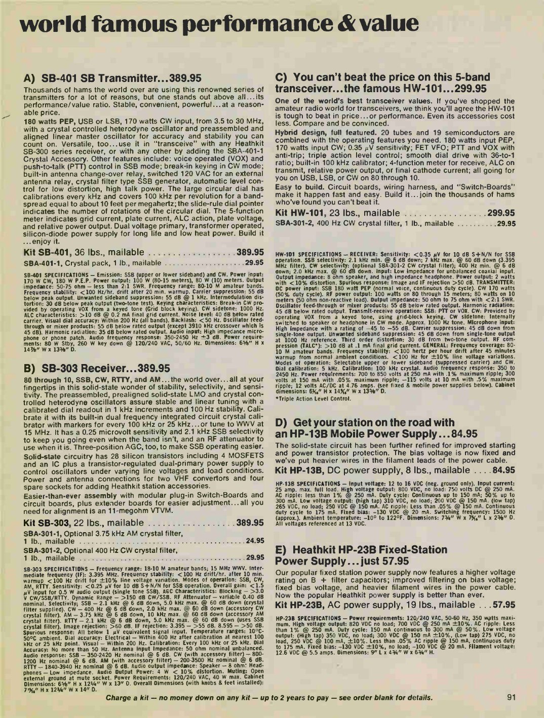 Figure 5 — The last catalogue appearance of the SB-401, Christmas 1975, at $389.95, beside the SB-303 at the same price and the HW-101 at $299.95. The HW-101 had by then taken over the role of the everyday He…