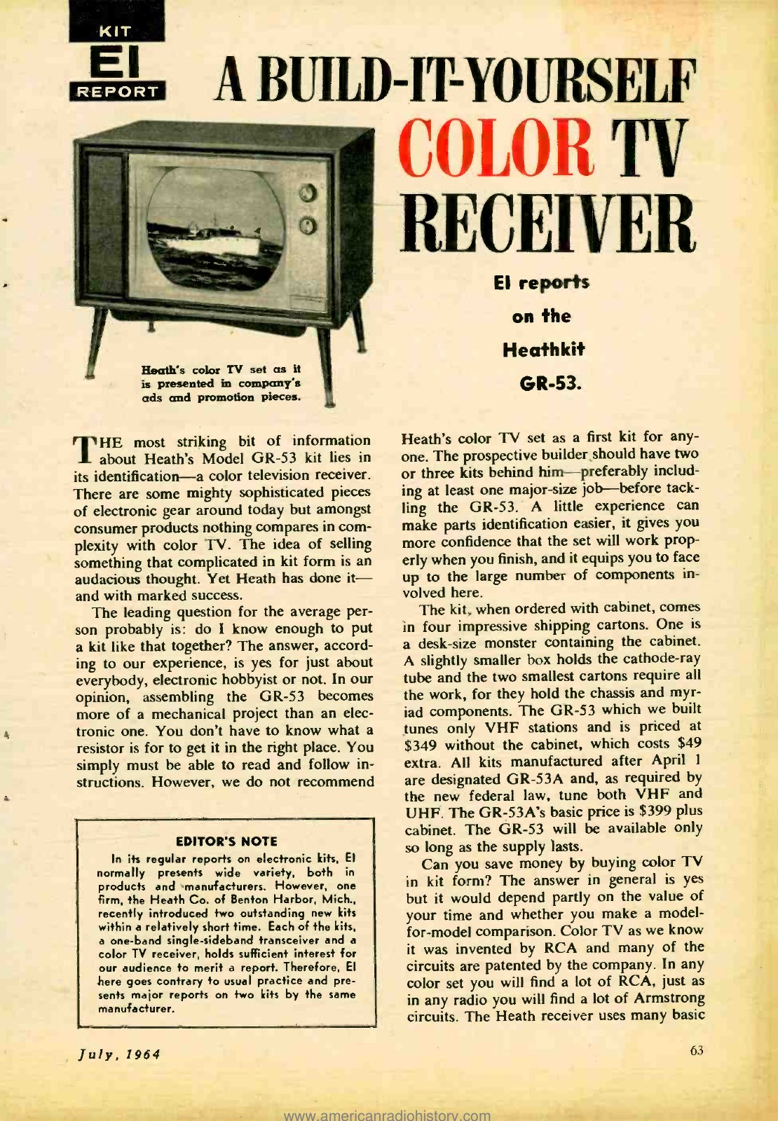 Figure 8 — "A build-it-yourself color TV receiver": the opening of Electronics Illustrated's kit report on the GR-53, July 1964. The editor's note explains that the magazine broke its own rule by reviewing tw…