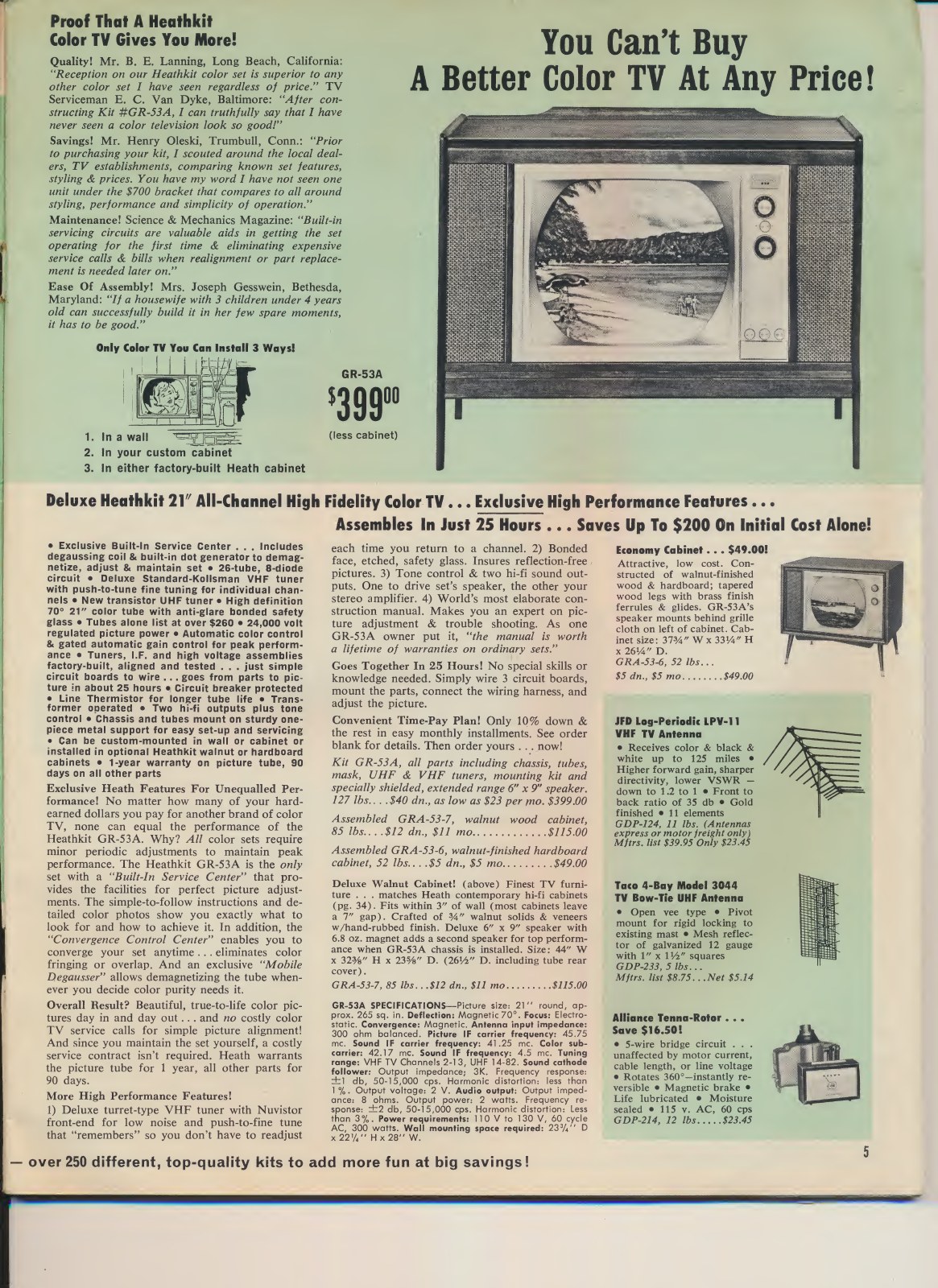 Figure 11 — The GR-53A at $399.00 in March 1965, sold on its "exclusive built-in self-servicing". The chassis could go in a wall, the customer's own cabinet or either of two Heath cabinets.