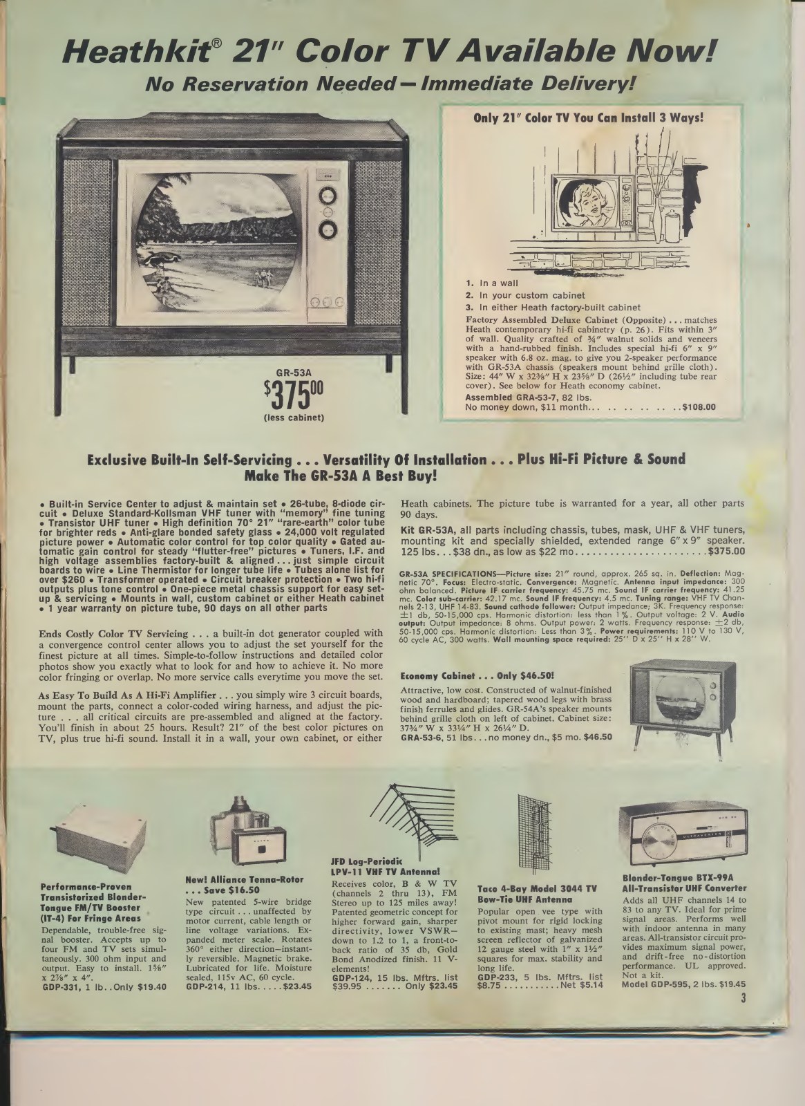 Figure 13 — "Heathkit 21-inch color TV available now! No reservation needed—immediate delivery!": the GR-53A at $375.00 in an early-1966 flyer, with the deluxe walnut cabinet at $108.00 and an economy cabinet …