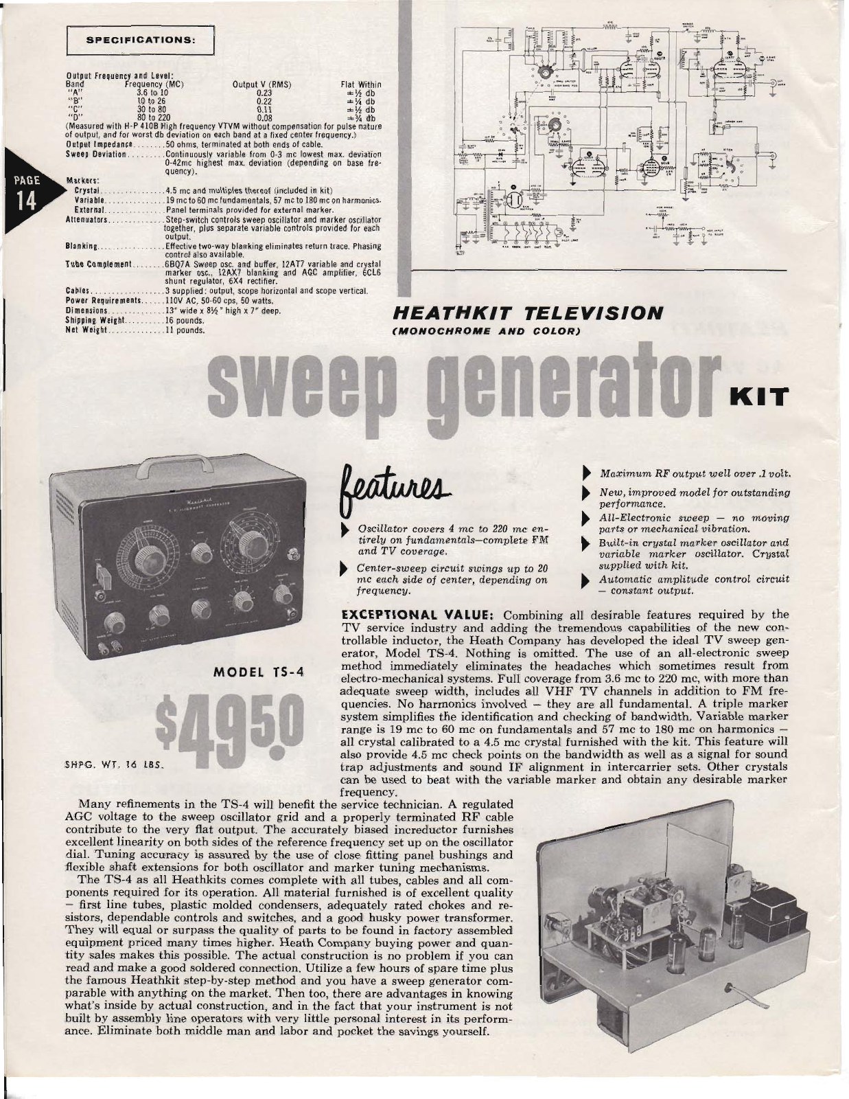 Figure 3 — The TS-4 television sweep generator at $49.50 in the 1956 catalogue: an all-electronic sweep from 3.6 to 220 Mc for aligning black-and-white and colour receivers. Instruments like this, not televis…