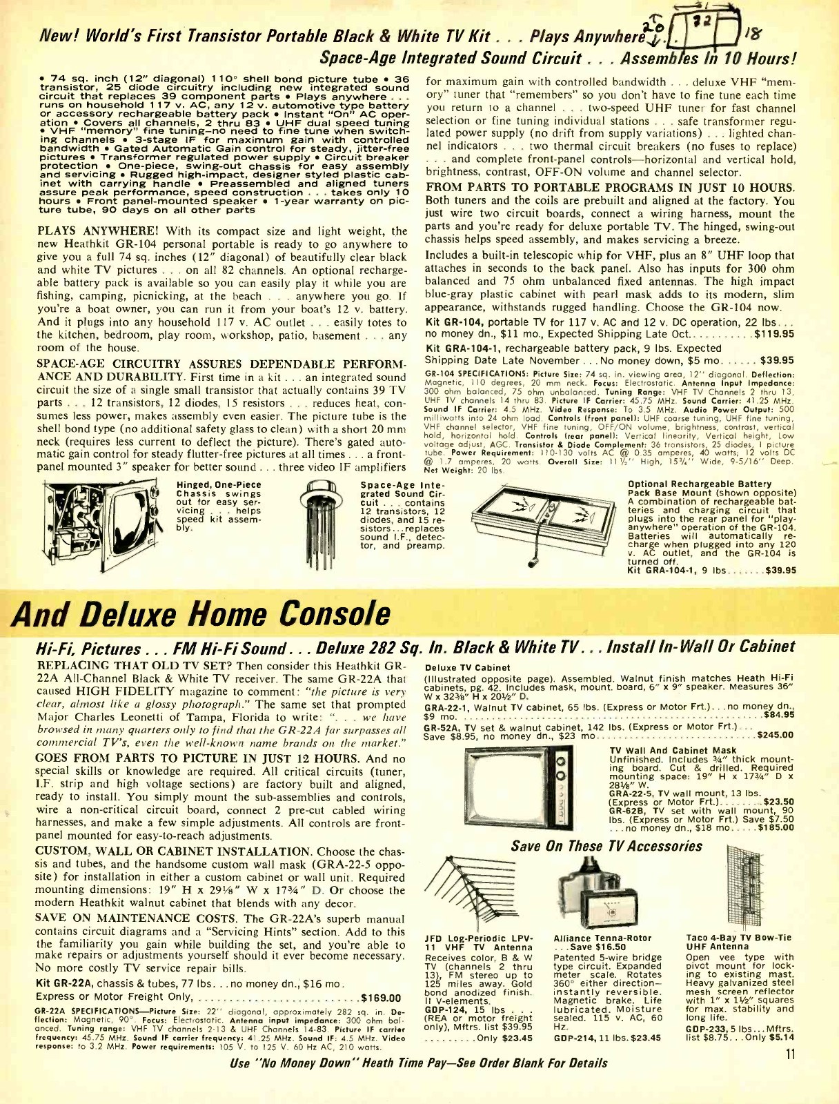 Figure 9 — "New! World's first transistor portable black & white TV kit ... plays anywhere": the GR-104 at $119.95 in the 1967 catalogue, with its integrated sound circuit, battery pack and swing-out chassis.…