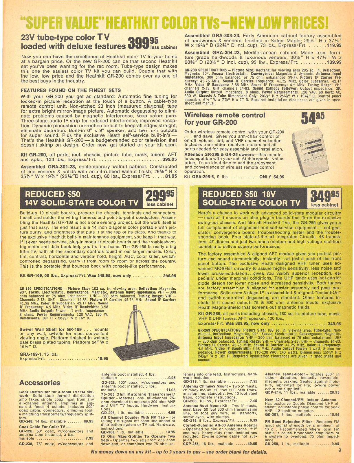 Figure 14 — "Super value Heathkit color TVs—new low prices!": the GR-200, the last new tube-type colour set, at $399.95 in 1972, alongside reduced prices on the 14-inch and 18-inch solid-state sets that were r…
