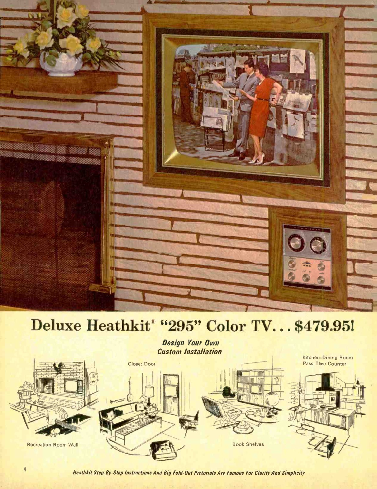 Figure 4 — The "295" at $479.95 in 1968, set into a wall with built-in shelving. The drawings at the foot, "Design your own custom installation", show recreation-room, bookshelf and kitchen-dining-room layout…