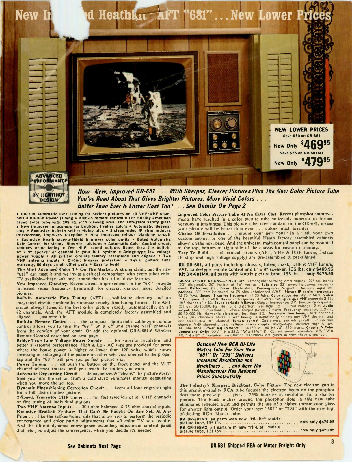 Figure 10 — "New improved Heathkit AFT '681' ... new lower prices": the GR-681 with automatic fine tuning at $469.95, and the GR-681MX with the matrix tube at $479.95, in Winter 1970. The simulated picture is …