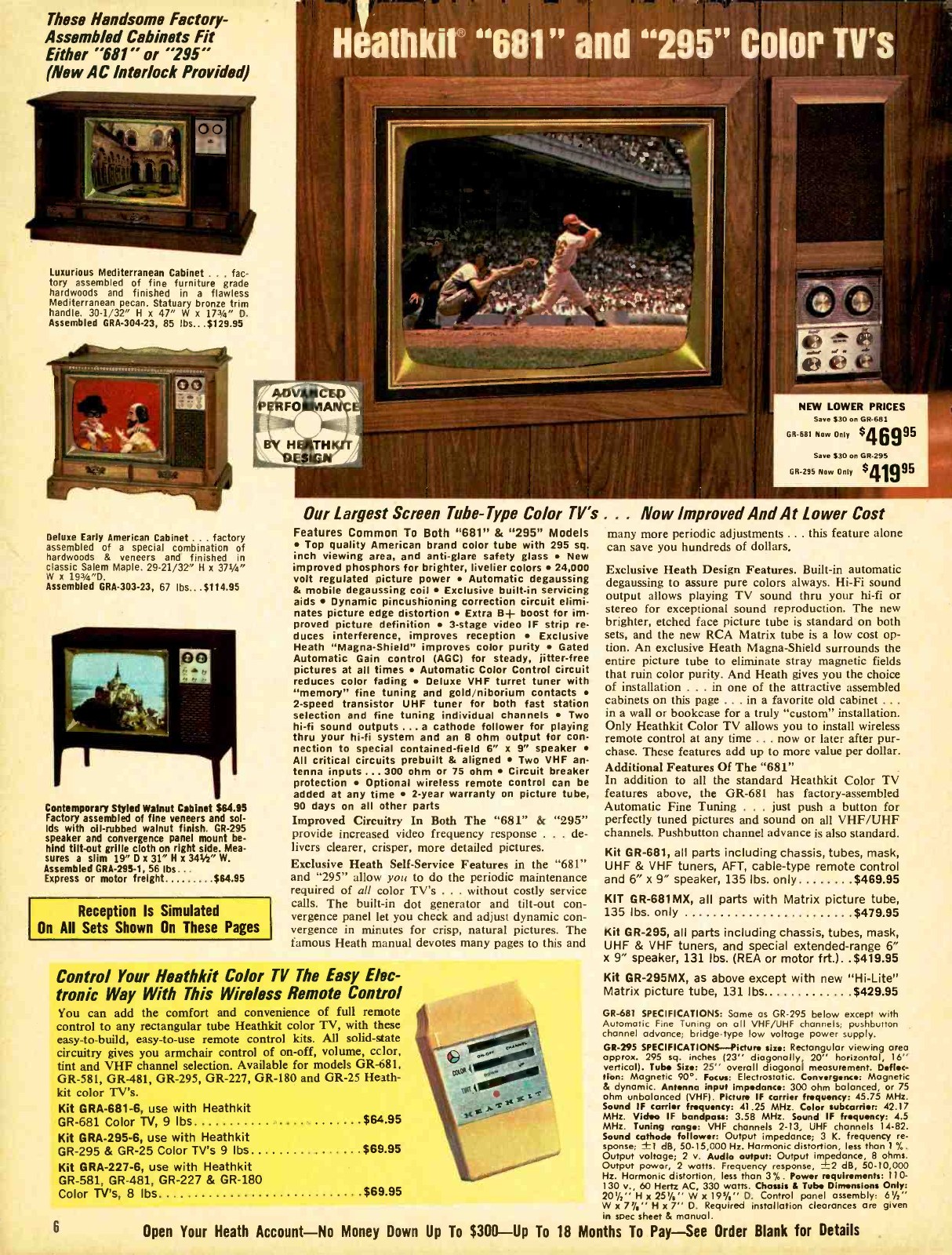 Figure 12 — "Our largest screen tube-type color TVs ... now improved and at lower cost": the GR-681 at $469.95 and the GR-295 at $419.95 in 1971, with matrix-tube versions, the wireless remote and the Early Am…