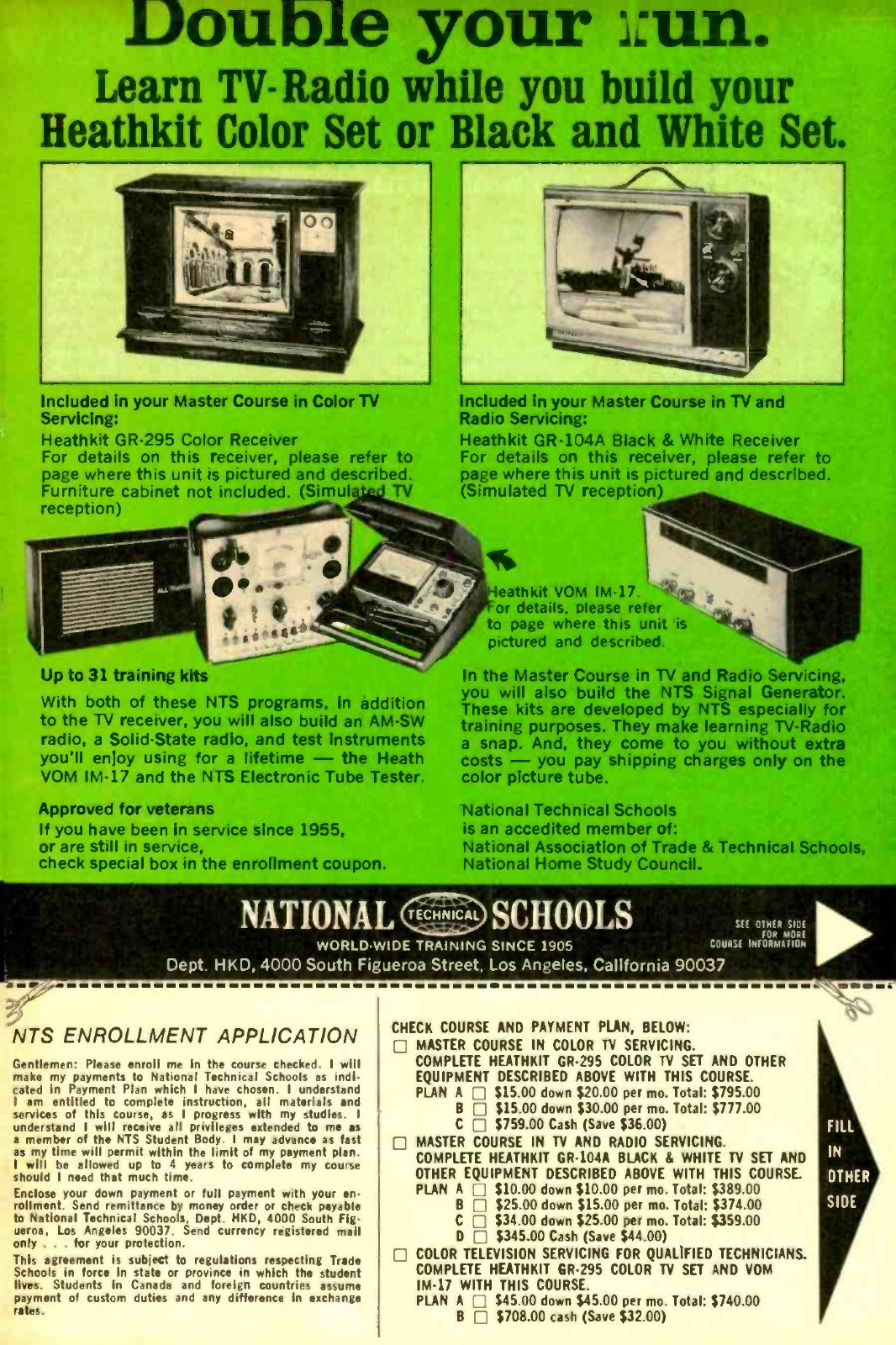 Figure 13 — "Double your fun. Learn TV-radio while you build your Heathkit color set or black and white set": the National Technical Schools enrolment insert in the 1971 catalogue, offering courses built aroun…