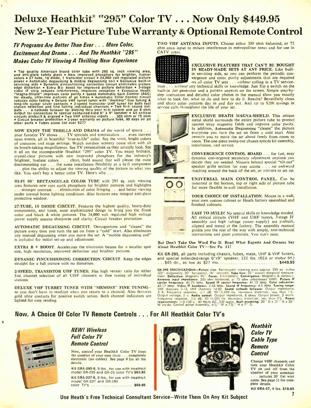 Figure 7 — "Now only $449.95" with "new 2-year picture tube warranty & optional remote control": the GR-295 in 1969, with the new wireless remote (GRA-295-6) and the older cable-type unit (GRA-27) at the foot…