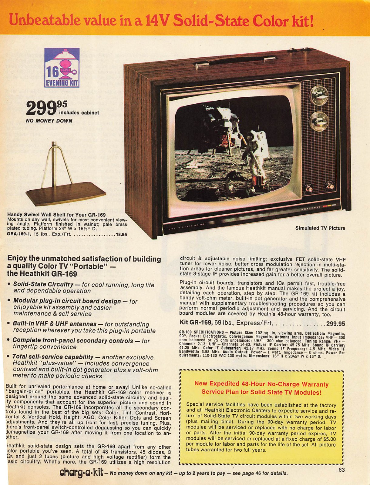 Figure 7 — "Unbeatable value in a 14V solid-state color kit!": the GR-169 at $299.95 in 1974, marked as a "16 evening kit", with its swivel wall shelf.
