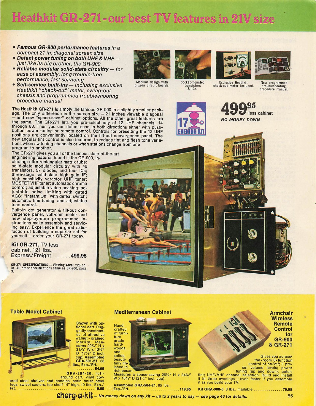 Figure 8 — "Heathkit GR-271—our best TV features in 21V size": the GR-900's detent tuning and self-service features in a 21-inch set at $499.95, a "17 evening kit", in 1974.