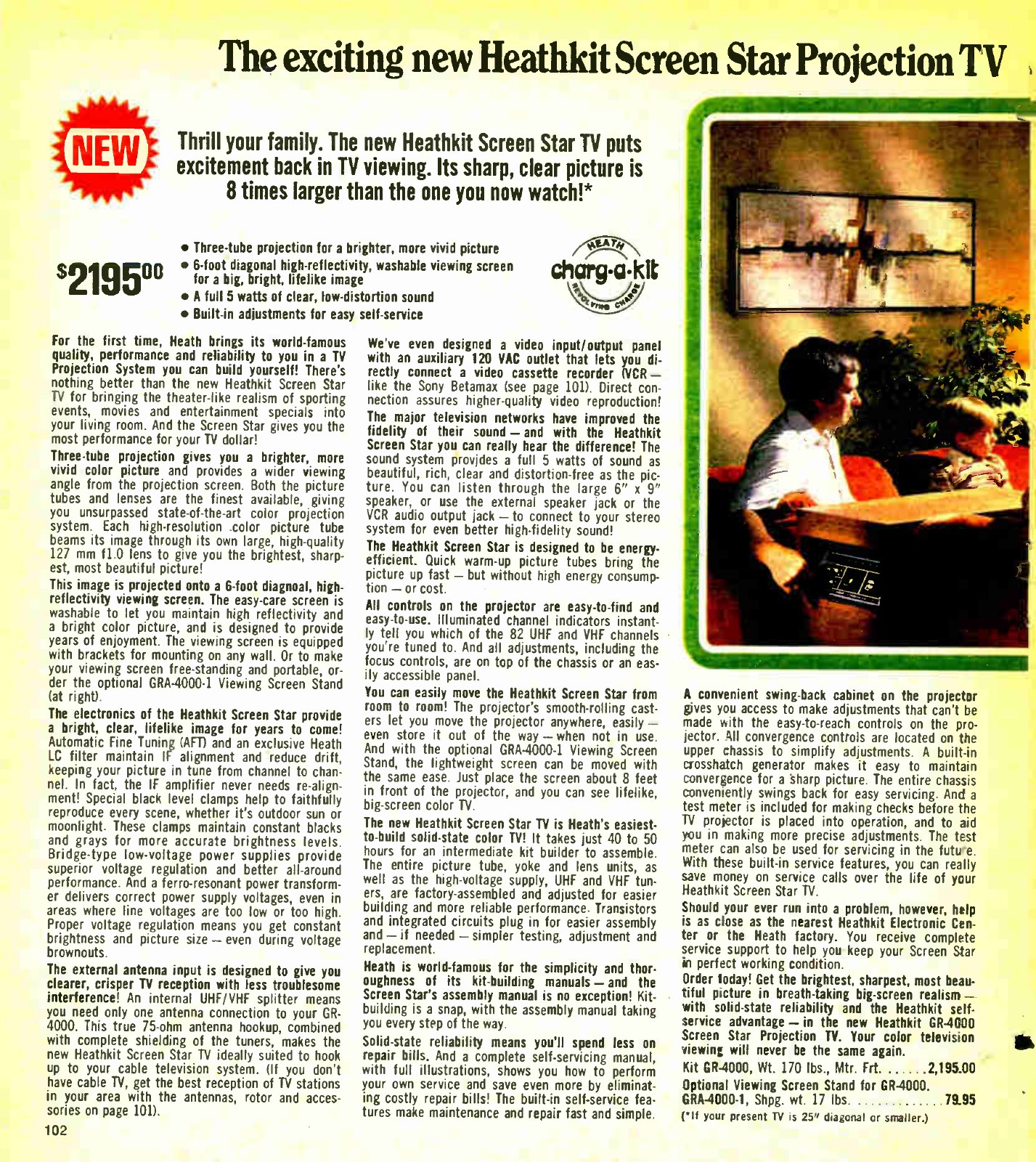 Figure 14 — "The exciting new Heathkit Screen Star projection TV", $2,195 in Christmas 1979: a three-tube projector with f/1.0 lenses and a 6-foot screen, sold as a kit.