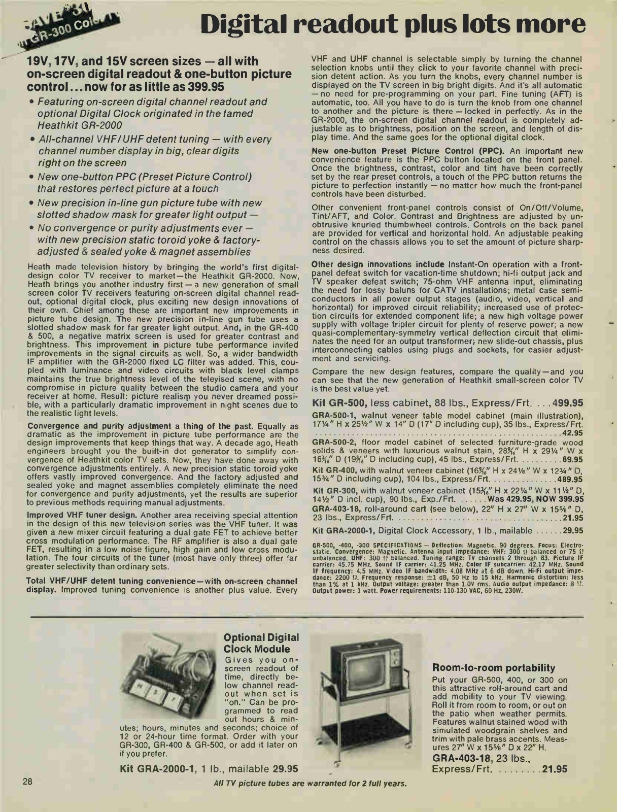 Figure 9 — "Digital readout plus lots more": the GR-500, GR-400 and GR-300 in Christmas 1975, "now for as little as 399.95", with on-screen channel readout and "no convergence or purity adjustments ever".