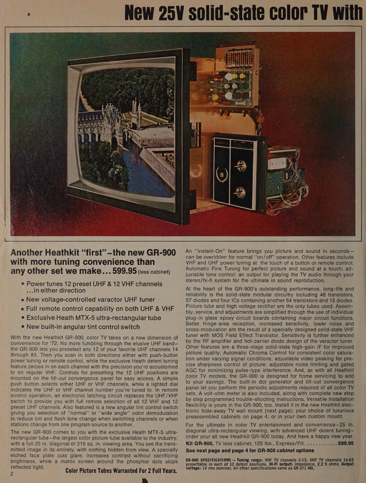 Figure 2 — "Another Heathkit 'first'—the new GR-900 with more tuning convenience than any other set we make ... 599.95": the 25-inch MTX-5 set in January 1972, with detent tuning of twelve preselected UHF cha…