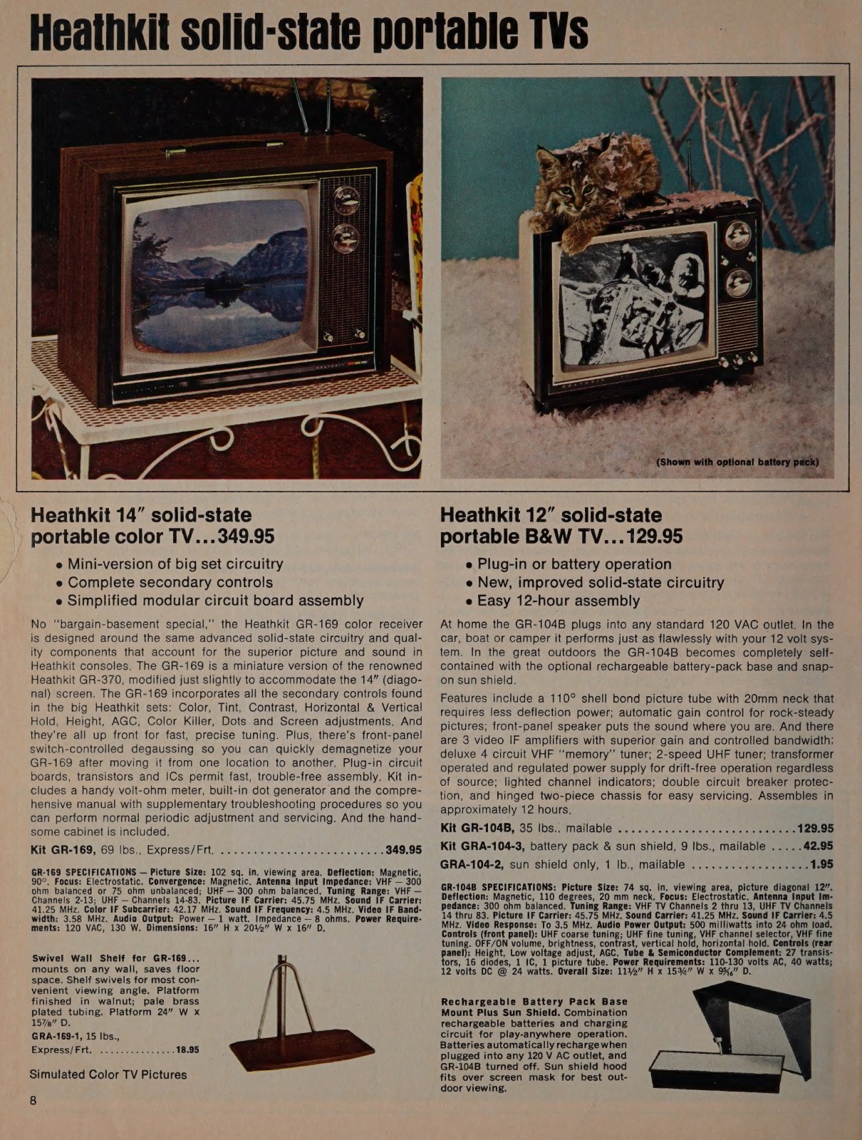 Figure 4 — "Heathkit solid-state portable TVs": the 14-inch GR-169 colour portable at $349.95 and the 12-inch GR-104B black-and-white portable at $129.95, with its battery pack and sun shield, in January 1972.