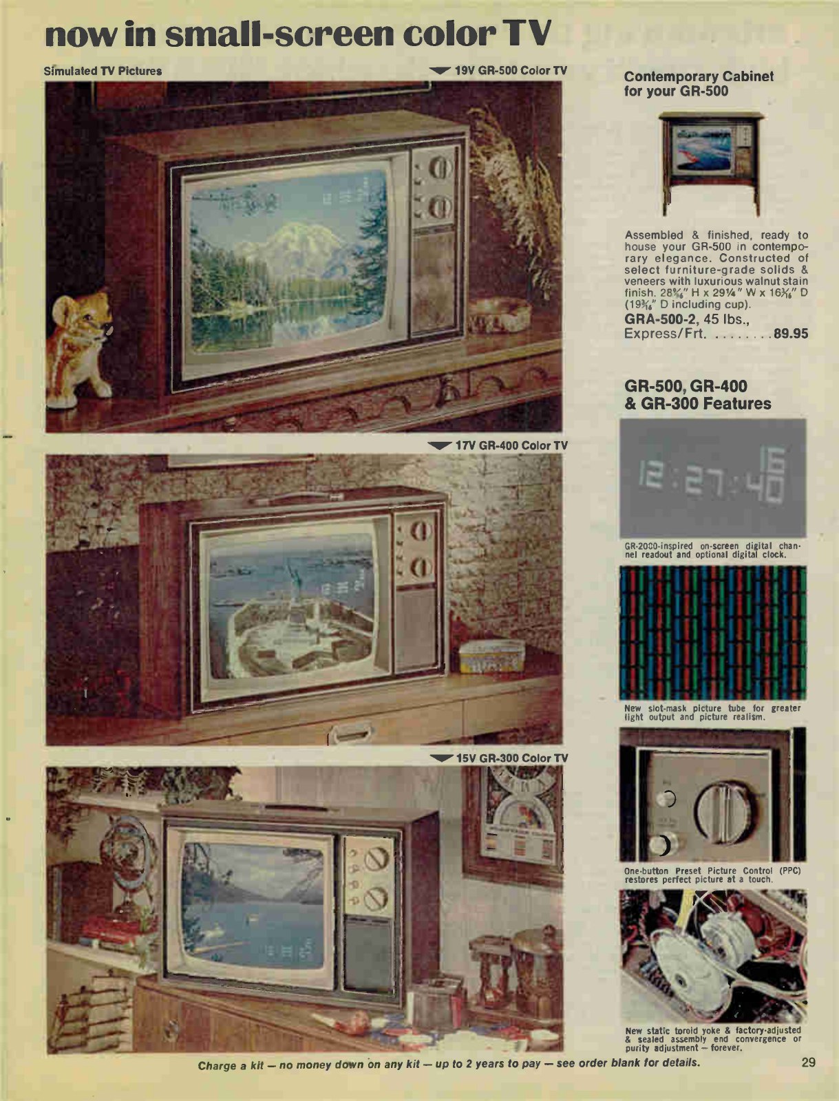 Figure 10 — "Now in small-screen color TV": the three sizes of the new series, with the on-screen clock reading 12:27:45 and the dot pattern of the built-in generator.