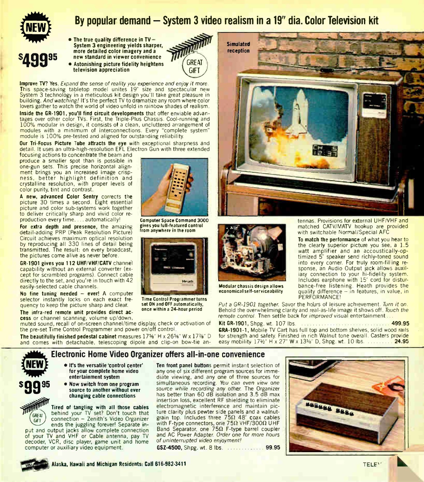 Figure 7 — "By popular demand—System 3 video realism in a 19-inch dia. color television kit": the GR-1901 at $499.95 in Christmas 1982, with 112-channel tuning and an on-screen channel and time display. The Z…