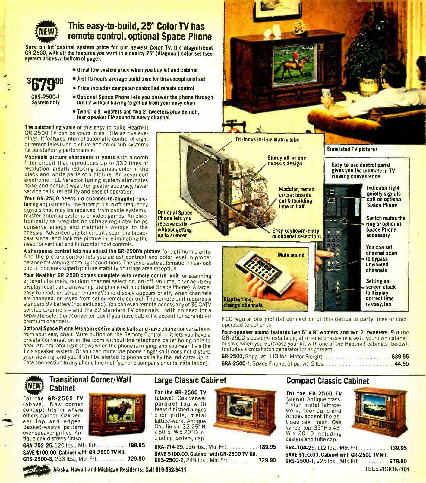 Figure 5 — "This easy-to-build, 25-inch color TV has remote control, optional Space Phone": the GR-2500 in Winter 1981–82, with "modular, tested circuit boards" that "cut kitbuilding time in half" and the tel…