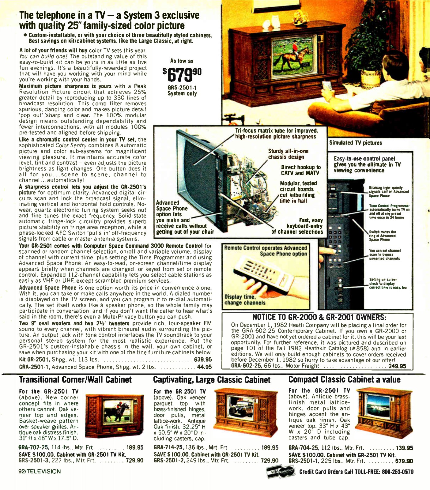 Figure 6 — "The telephone in a TV—a System 3 exclusive": the GR-2501 at $679.90 with cabinet in Christmas 1982, and at the foot of the page Heath's notice to GR-2000 and GR-2001 owners of a final cabinet orde…