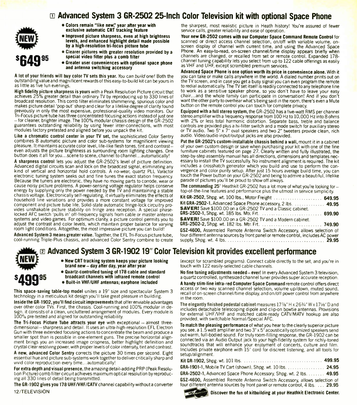 Figure 10 — "Advanced System 3 GR-2502 25-inch color television kit with optional Space Phone" at $649.95 and the 19-inch GR-1902 at $499.95, Christmas 1984.