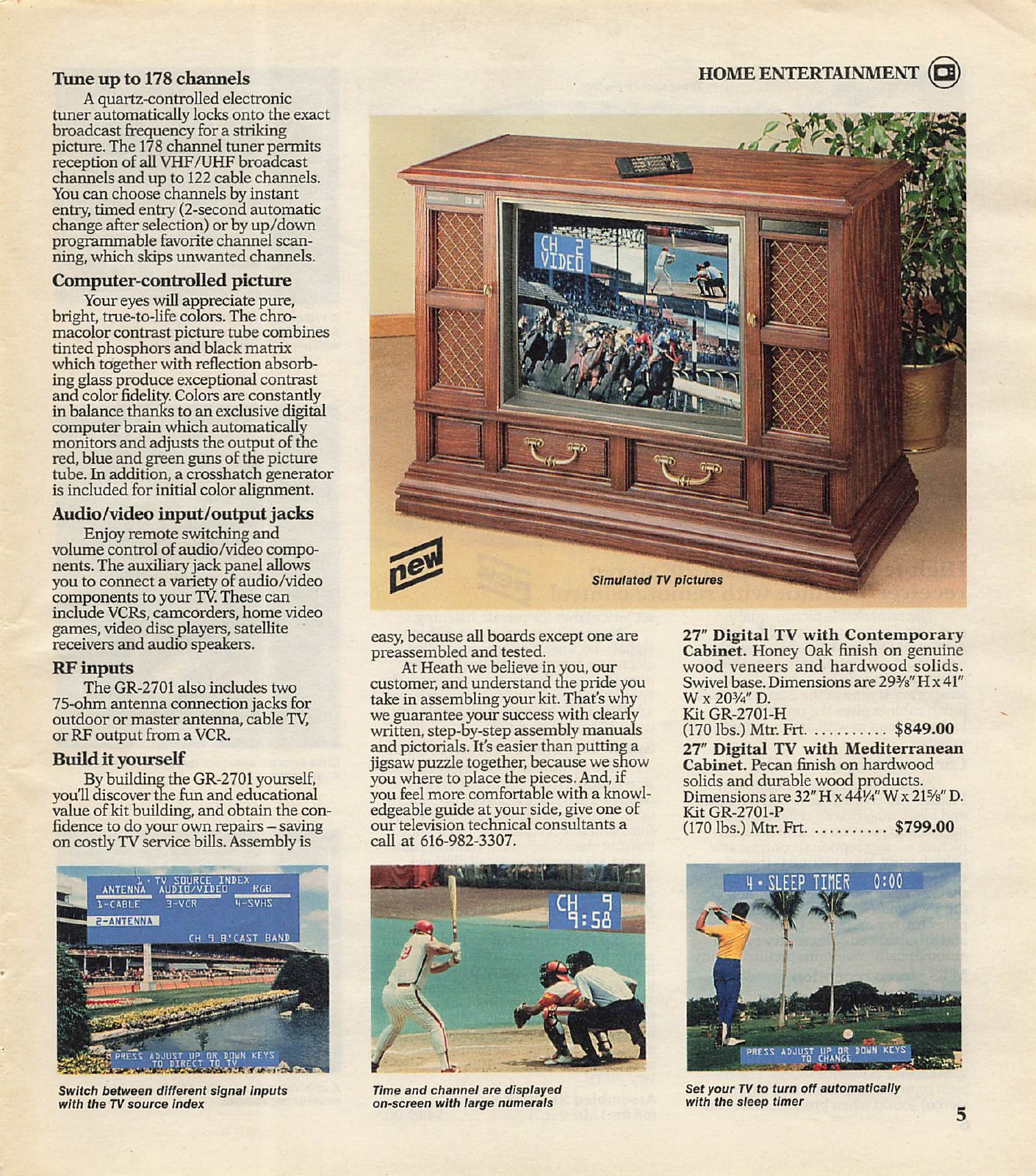 Figure 13 — "Tune up to 178 channels": the 27-inch GR-2701 digital stereo TV in its contemporary cabinet, $849.00, Spring 1990.