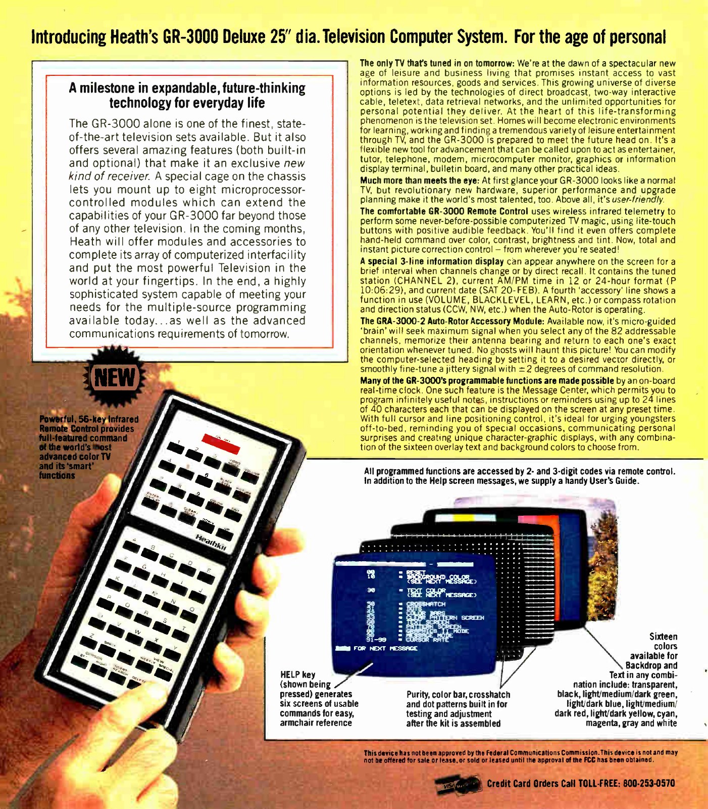 Figure 8 — "Introducing Heath's GR-3000 deluxe 25-inch dia. Television Computer System. For the age of personal video": the 56-key infrared remote and the on-screen HELP pages, Winter 1983. The fine print at …